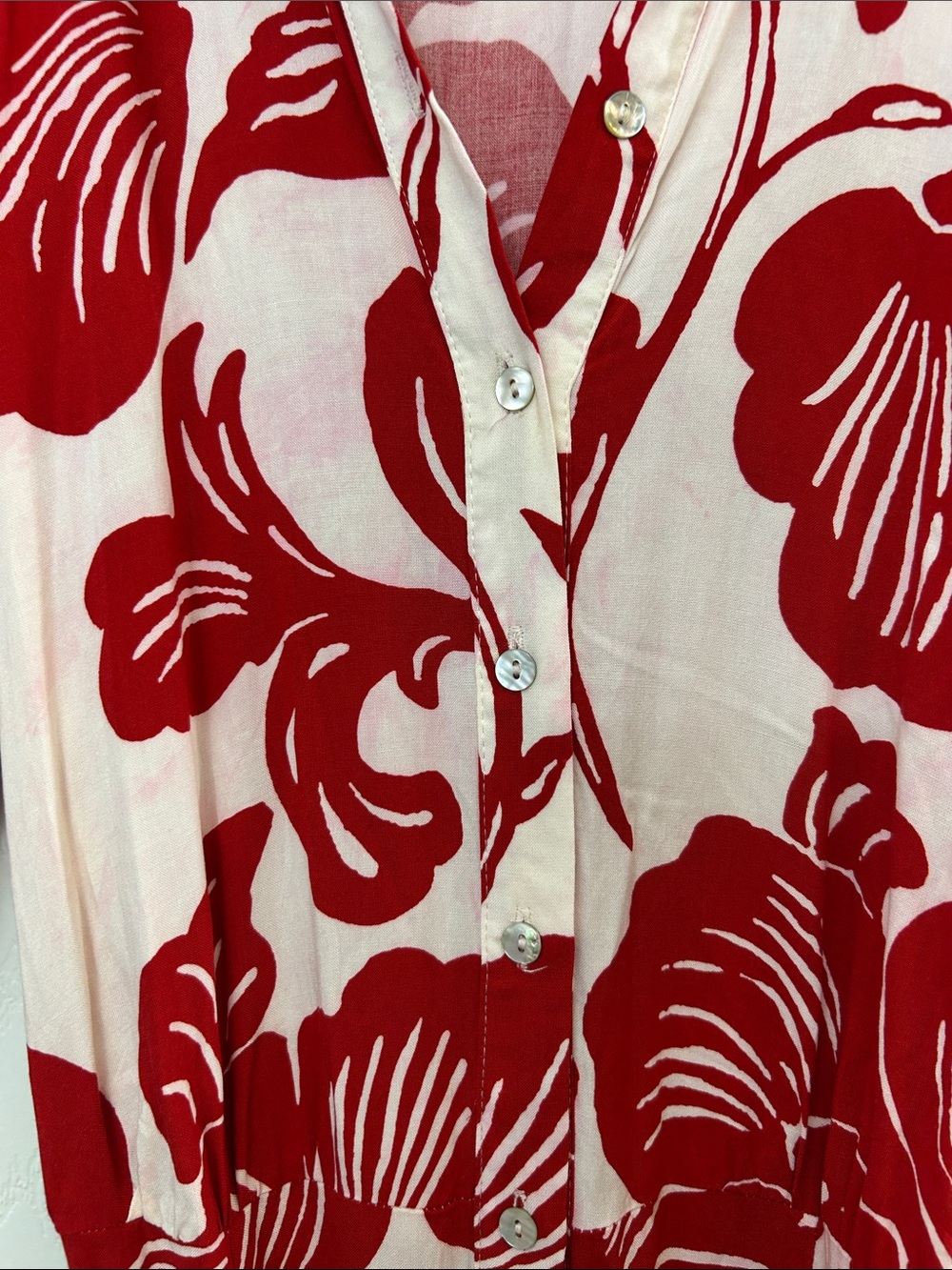 H&M Red Floral Button Down Dress Hawaiian Vibe Boho Maxi Front Belted Dress - Picture 4 of 7